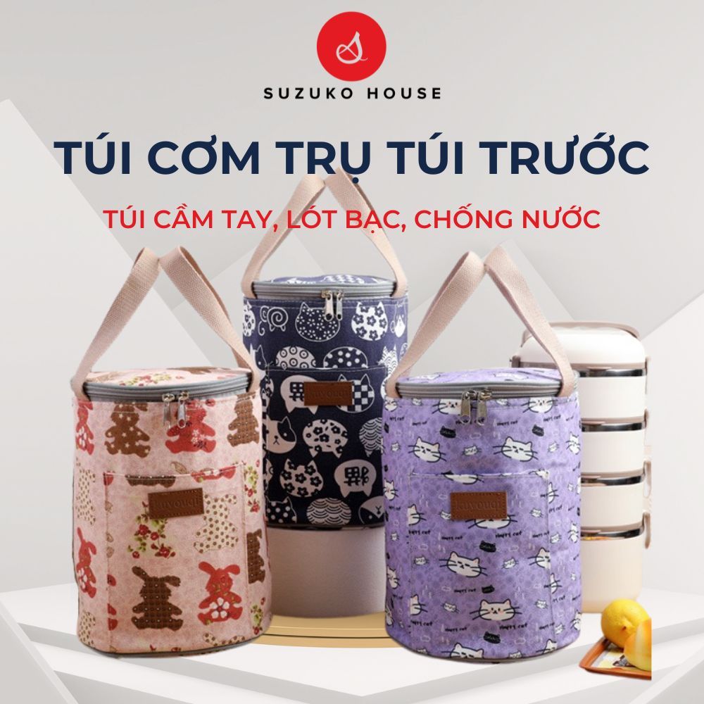 Túi đựng hộp cơm tròn SUZUKO HOUSE, Túi giữ nhiệt hình trụ lót bạc dày cầm tay mang cơm văn phòng TC