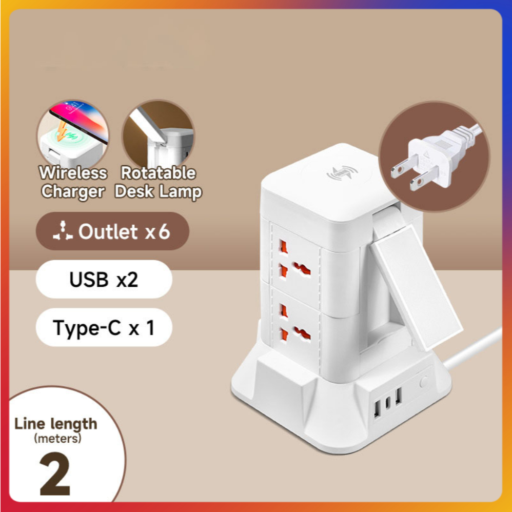 Ổ Cắm Điện Đa Năng Vuông Tháp Sạc Nhanh USB TypeC 20W, Có Dèn Ngủ,  Cầu Chì Tự Ngắt  2500W Tiết Diện