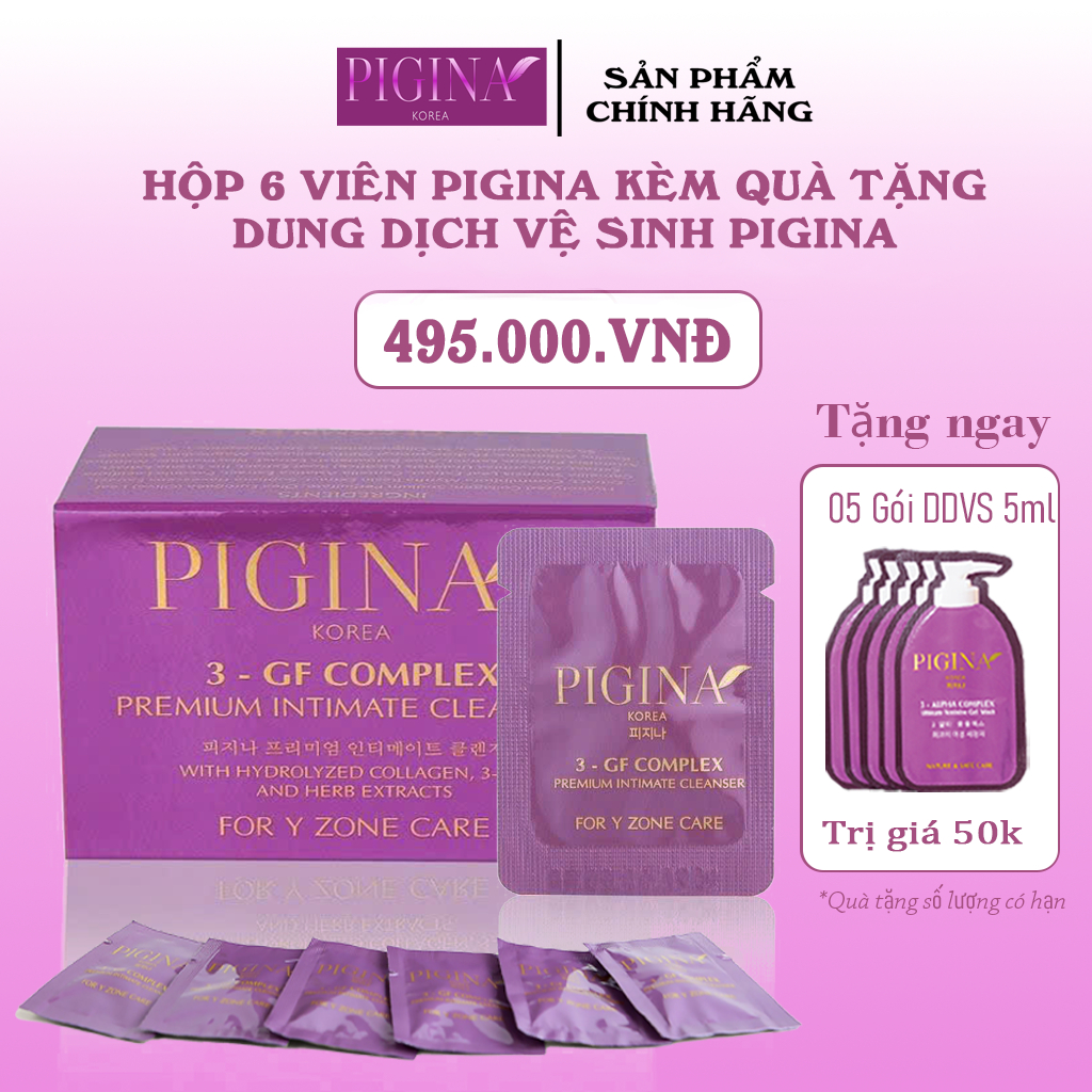ComBo Hộp 6 Pigina - Kèm quà tặng Dung Dịch Vệ sinh Pigina. Hỗ trợ làm sạch, giảm viêm nhiêm và mùi 