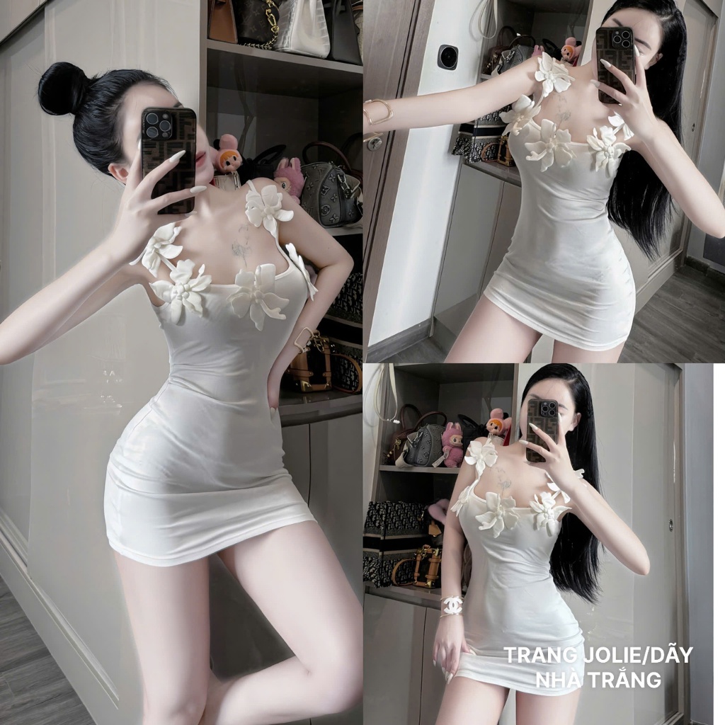 Váy Body Nữ, Đầm Body 2 Dây Cài Hoa Chất Liệu Cotton 2 Màu Đen Trắng Y112