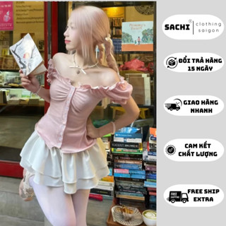 Áo Trễ Vai Kiểu Nữ Tay Bồng Có Dây Thắt Eo Mùa Hè Chất Lông Thỏ Co Dãn SACHI.SAIGON