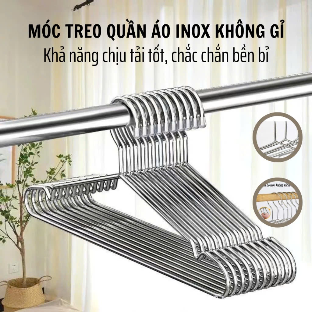 Combo 10 - 20 Móc treo đồ, Móc treo quần áo cao cấp chất liệu inox 304 chắc chắn khả năng chịu lực tốt 20kg dài 42cm