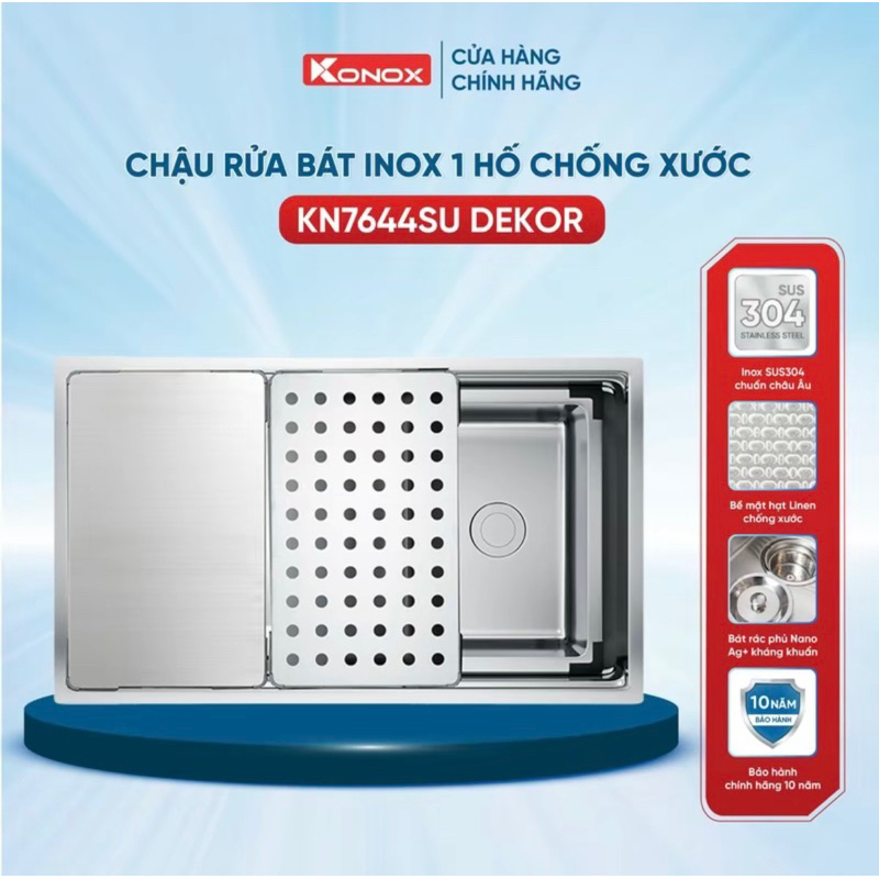 Chậu rửa bát 1 hố Konox inox chống xước KN7644SU Dekor - Bảo hành 10 năm