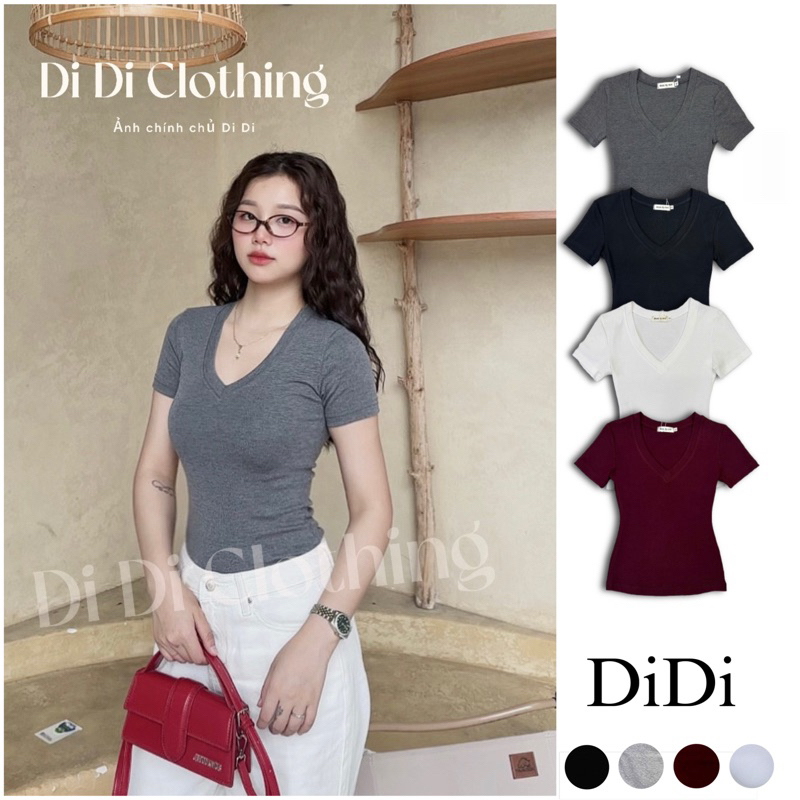 Áo thun nữ cổ tim ngắn tay Rib cho giãn 4c fom cực ôm DiDi clothing - 123