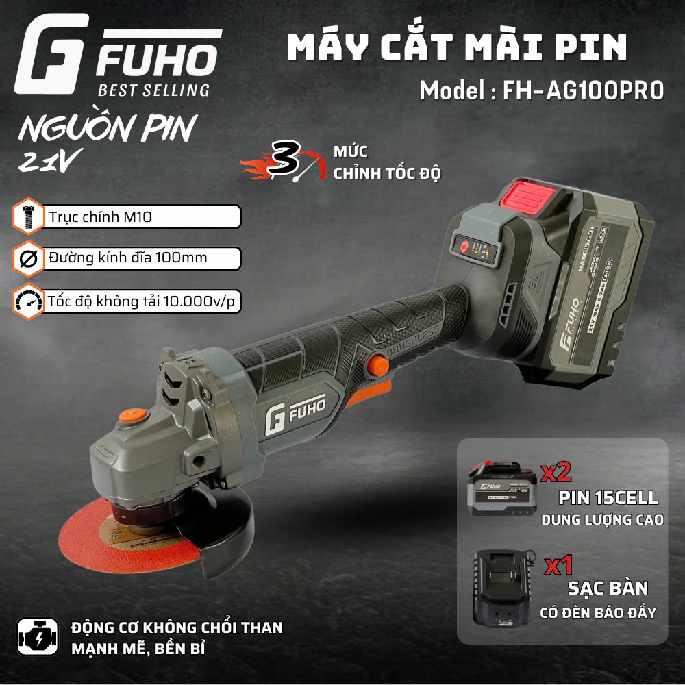 Máy Mài Pin Fuho Không chổi than - AG100pro - Chống sốc đá - Chống Khởi động lại