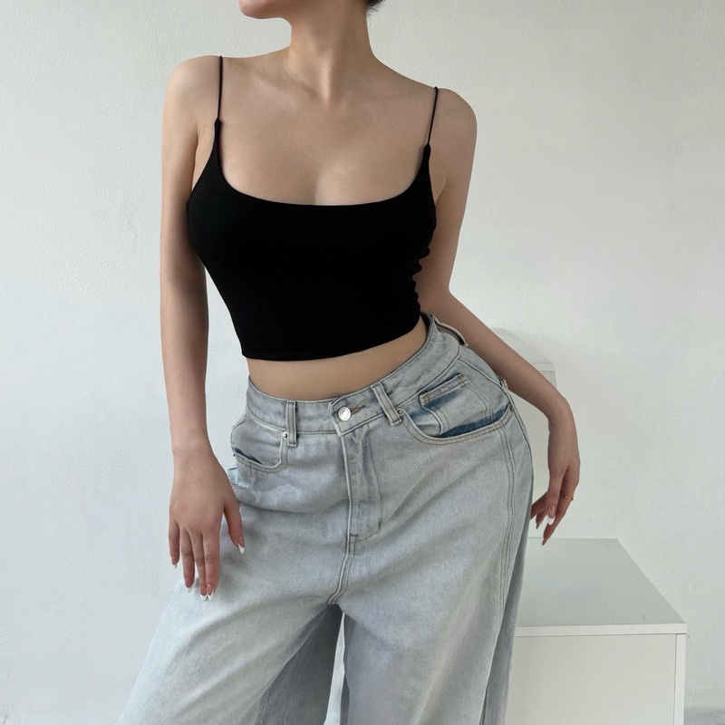 Áo 2 dây sợi bún croptop hai lớp ANNAKIKI ôm sát -030