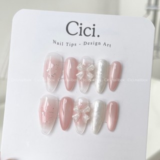  Móng úp nailbox thiết kế ombre hồng pastel mắt mèo ánh trăng C316 mix nhũ charm nơ ngọc by Cici.nailbox 