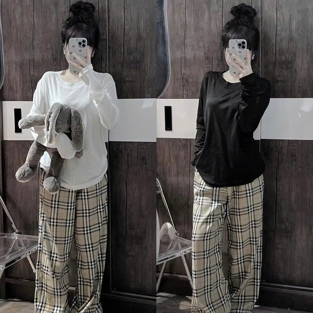 Sét  áo nữ dài chất giấy mix quần suông kẻ phong cách Hàn Quốc M2891 | BigBuy360 - bigbuy360.vn