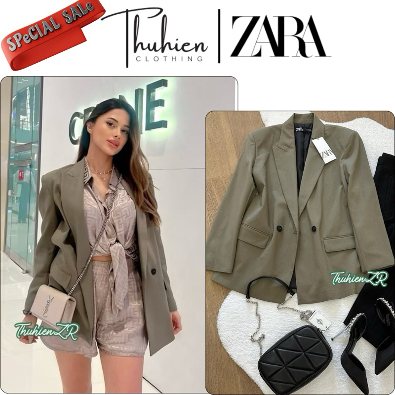 THUHIENZR(sẵn XS)Áo blazer ZARA 2753/732/505 vải vest xanh bộ đội 2 cúc đen(kèm ảnh thật)