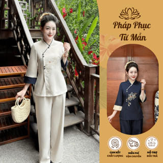 Đồ đi chùa cổ V thêu hoa bỉ ngạn vải đũi thái Pháp phục lễ chùa tay lỡ Đồ lam nữ đính cúc bọc đũi mềm Thanh lịch