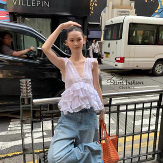 Áo voan ba lỗ croptop cổ V thiết kế hở lưng siêu xinh, áo voan tầng bồng bềnh trendy