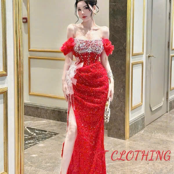 Váy Dạ Hội Trễ Vai Đính Đá - KT CLOTHING - Thiết Kế Sang Trọng