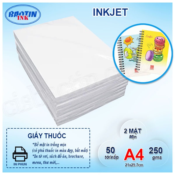 GIẤY IN INKJET(GIẤY THUỐC)  2 MẶT KHỔ A4- ĐỊNH LƯỢNG 250gms- XẤP 50 tờ