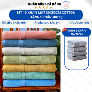  Set 10 Khăn Mặt 30x50Cm Tặng 5 Khăn 30x30Cm  Cotton Dày Dặn Thấm Hút Không Đổ Lông Không Phai Màu. 