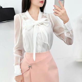  Áo Sơ Mi Nữ CCHAT Dáng Suông Cổ Nơ Đính Hoa Laze Chất Liệu Voan Mềm Mại 15FDV9001ST 