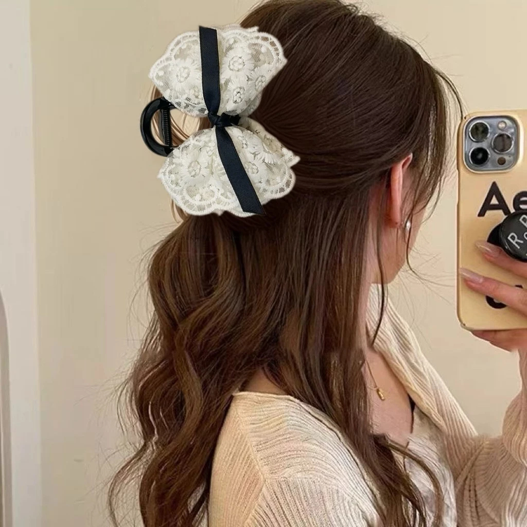 Kẹp Tóc Nơ Ren, Kẹp Tóc Phối Ren Trắng Nơ Xinh Xắn Phong Cách Tiểu Thư