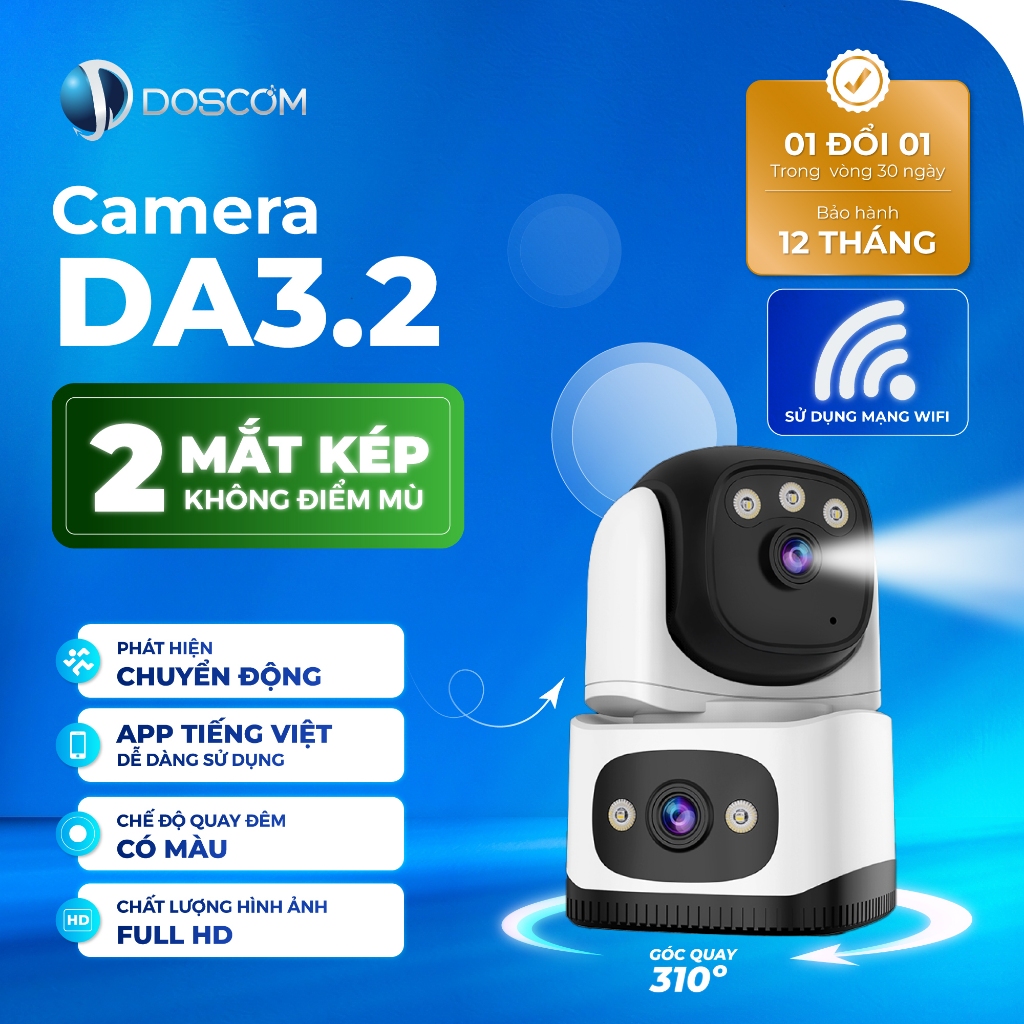 Camera Wifi Doscom DA3.2 Tích Hợp Ống Kính Kép 6MP Giám Sát An Ninh 360 độ, Đàm Thoại 2 Chiều