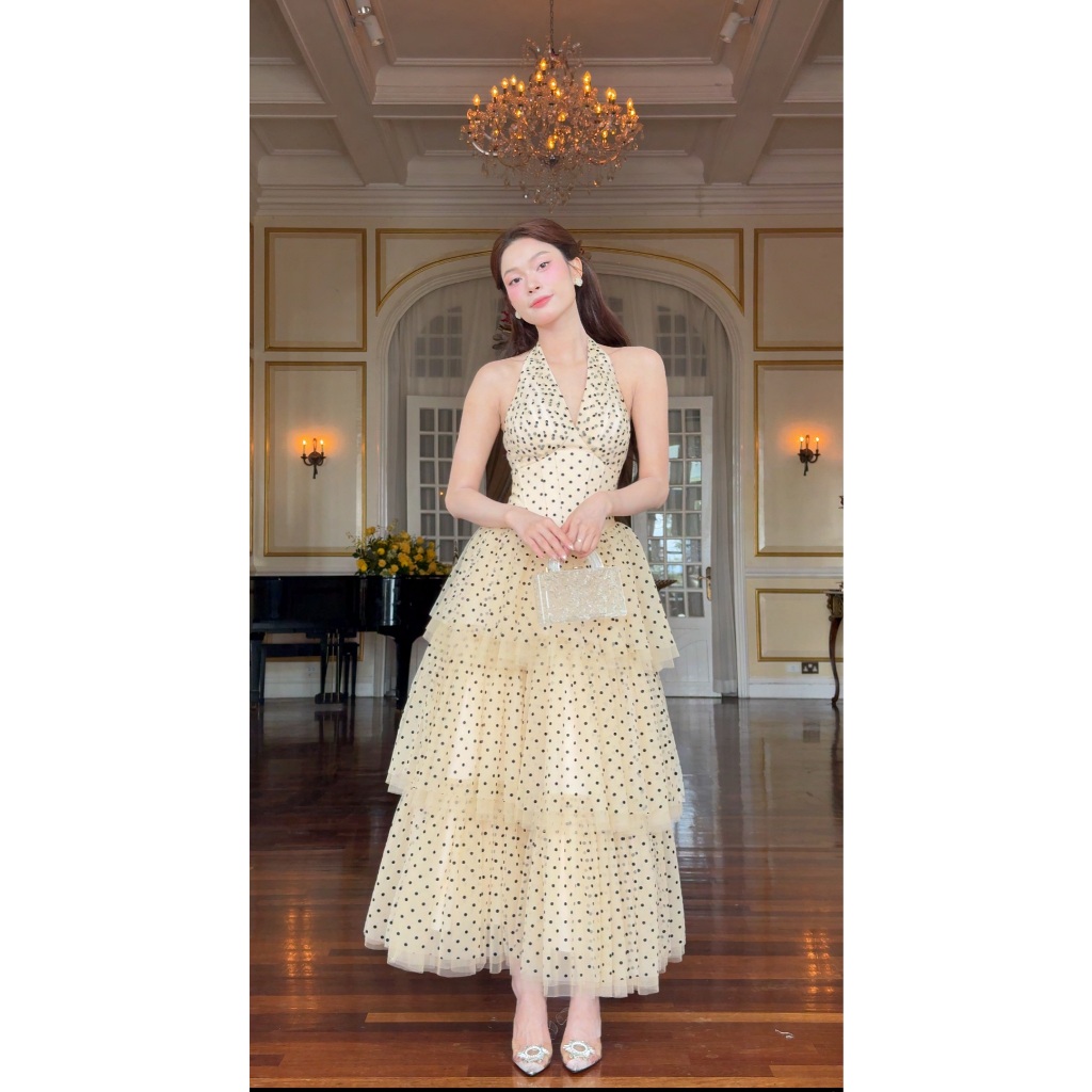 SÒ VINTAGE - ELOISE Đầm cổ yếm chấm bi ba tầng | BigBuy360 - bigbuy360.vn