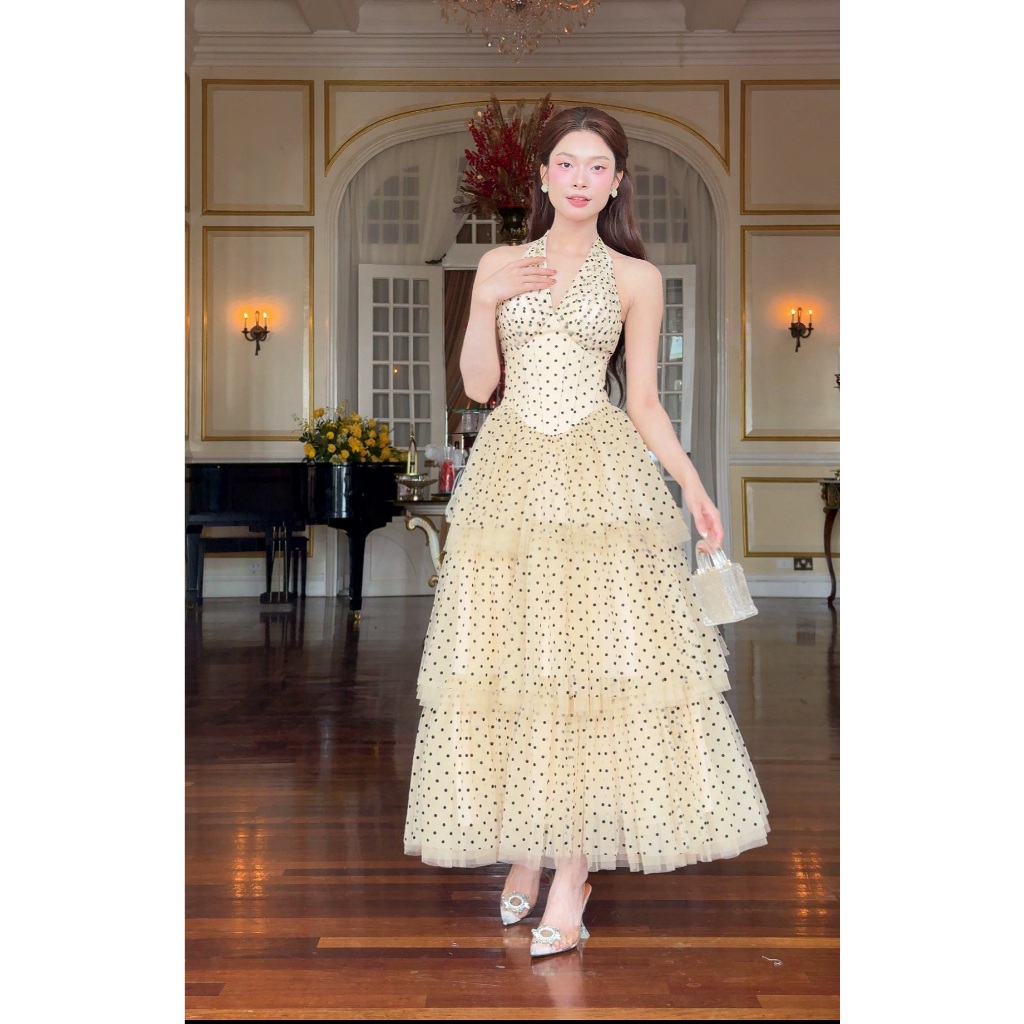 SÒ VINTAGE - ELOISE Đầm cổ yếm chấm bi ba tầng | BigBuy360 - bigbuy360.vn
