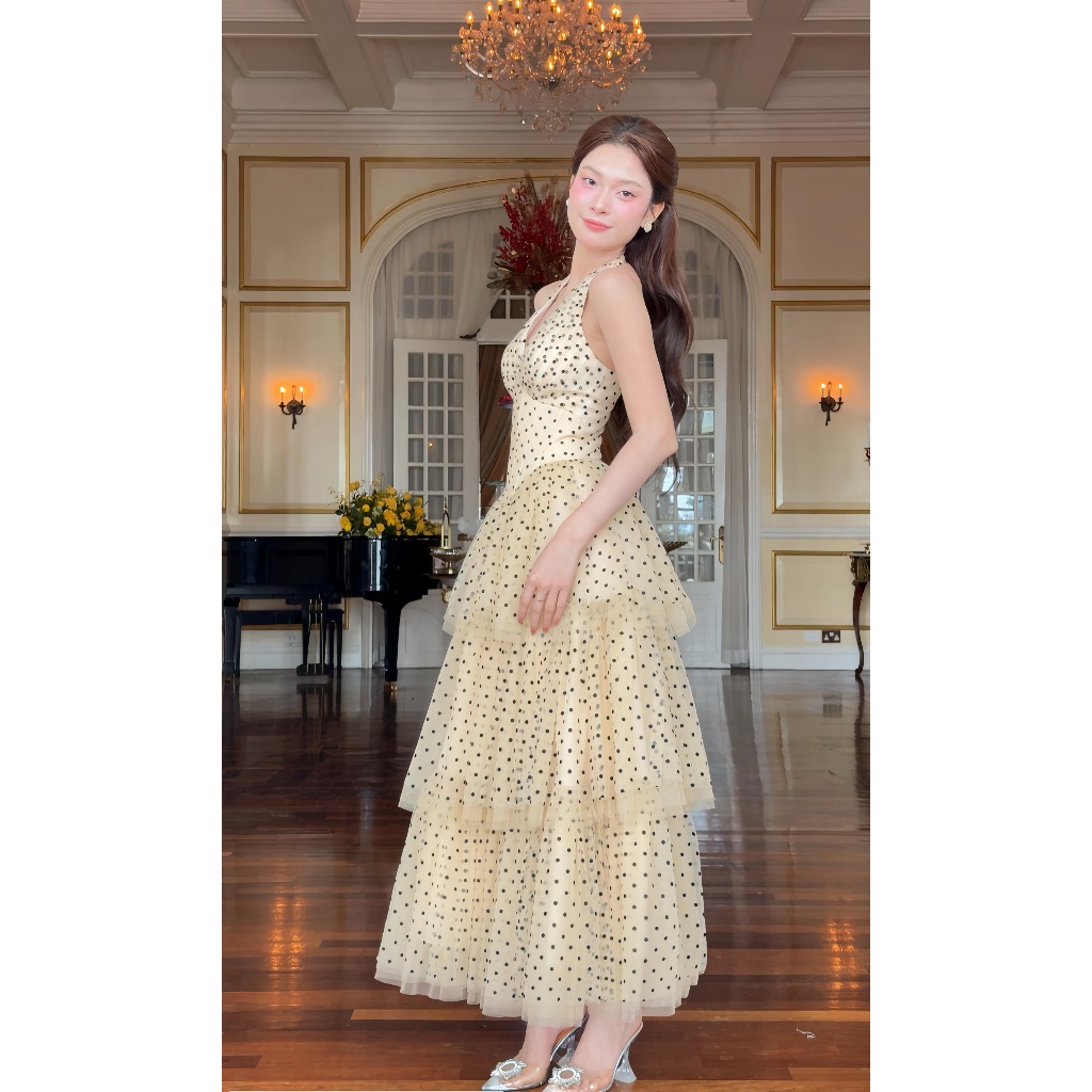SÒ VINTAGE - ELOISE Đầm cổ yếm chấm bi ba tầng | BigBuy360 - bigbuy360.vn