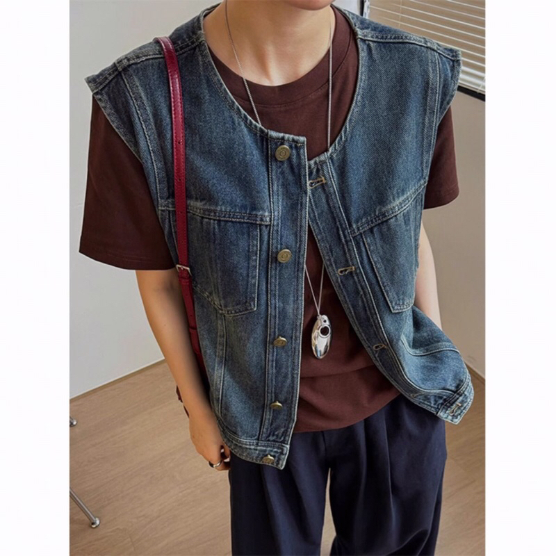 Áo gile bò Denim viền Dáng Hàn, Áo gile bò denim retro phong cách Hàn