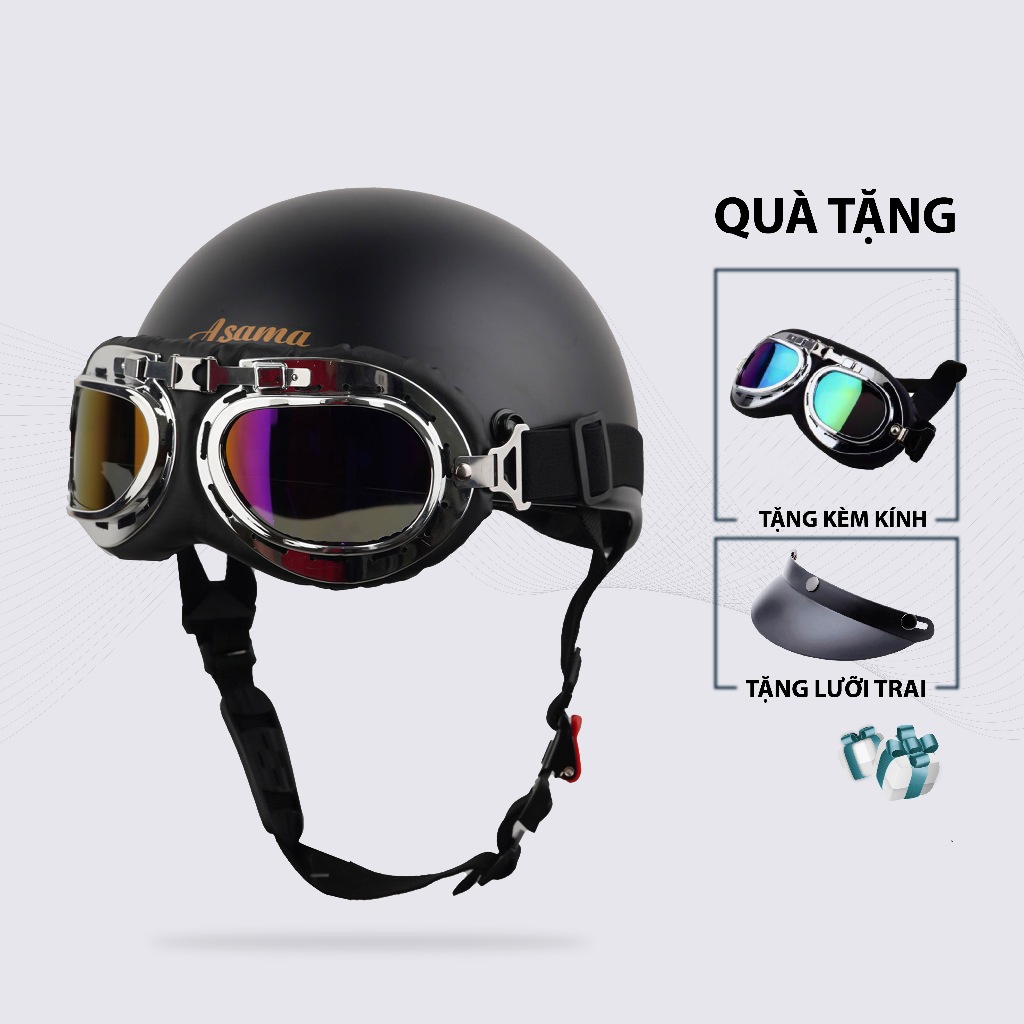 Mũ bảo hiểm nửa đầu kính phi công ASAMA HELMET ASM002, cá tính, kèm lưỡi trai, chuẩn ABS nguyên sinh