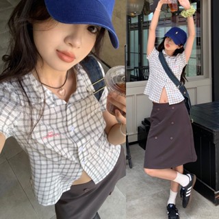 Áo sơ mi cộc tay nữ màu trắng kẻ caro dáng vừa hoạ tiết trái tim thêu ASM011 - Tiktik