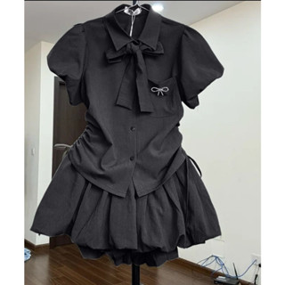 Set Áo Sơ Mi Tay Bồng Váy Bí Xòe Kèm Nơ Cài Siêu Xinh Cho Nữ