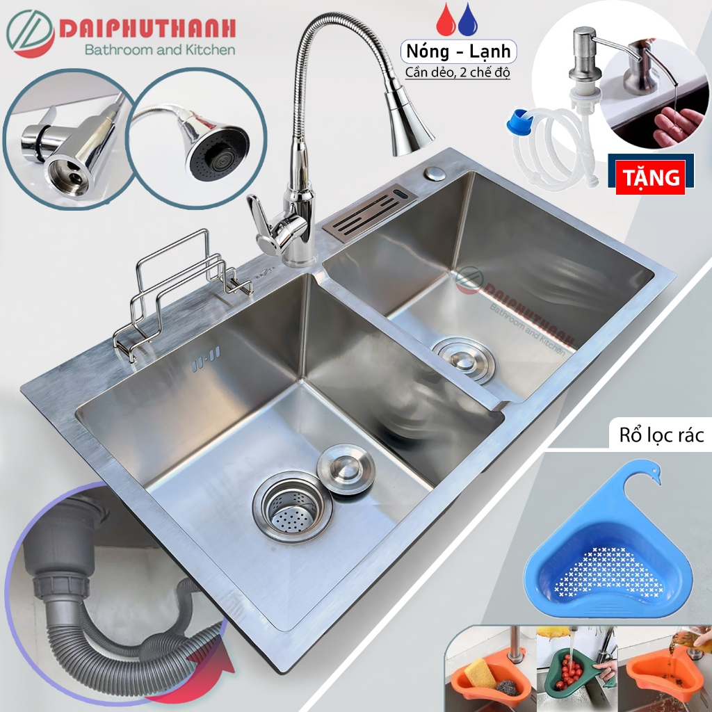 COMBO Chậu Rửa Bát Inox 2 Hộc 82x45cm Đa Năng Kèm Vòi - Chậu đủ xi phông, 2 lựa chọn vòi, tặng 2 món phụ kiện