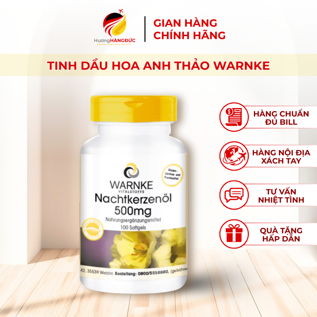 Tinh dầu hoa Anh Thảo Warnke Nachtkerzenol nội địa Đức, giúp cân bằng nội tiết tố, làm đẹp da