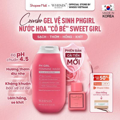[Che Tên] Combo Sạch Thơm Hồng Khít Cho Cô Bé: Dung Dịch Vệ Sinh Whisis pH Girl 200ml + Nước Hoa Vùng Kín Sweet Girl 5ml