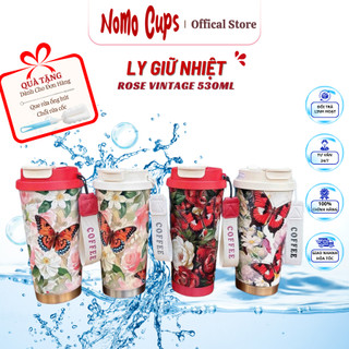  Ly Bình Cốc Giữ Nhiệt Hoa Hồng Vintage 530ml Nữ Tính Cổ Điển Pastel Ngọt Ngào Gọn Nhẹ Tiện Lợi 