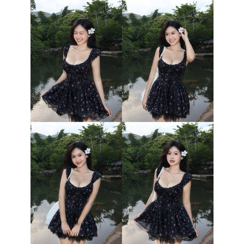   AURORA DRESS  Váy Hoa Nhí Trễ Vai Brand FLEURIE Màu Đen Dáng Xoè Coquette Nàng Thơ Mùa Hè Gợi Cảm 