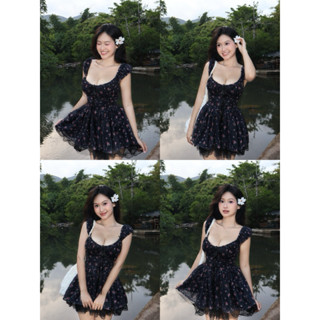 [AURORA DRESS] Váy Hoa Nhí Trễ Vai Brand FLEURIE Màu Đen Dáng Xoè Coquette Nàng Thơ Mùa Hè Gợi Cảm