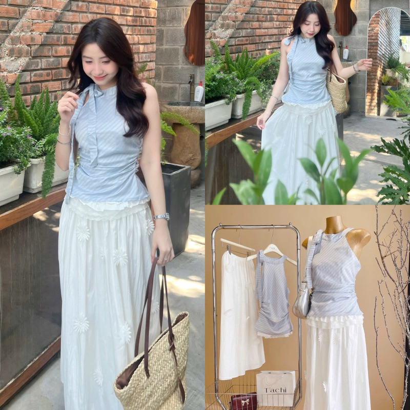 ( Sam’s Clothing ) SET ÁO SỌC NƠ CỘT VAI + CHÂN VÁY MIDI TRẮNG DÁNG DÀI