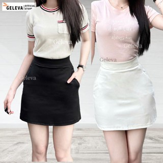 Chân Váy Chữ A Ngắn Có Túi 2 Bên Công Sở Cạp Cao Khóa Kéo Hoặc Lưng Chun Thun Chất UMI Geleva GE145