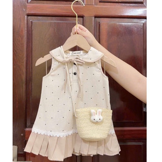 Váy Nâu Kem Chấm Bi Chân Xếp Ly Cổ Thuỷ Thủ Style Hàn Quốc Chất Linen mềm mại xinh yêu cho bé gái 8-20kg Vivi Baby