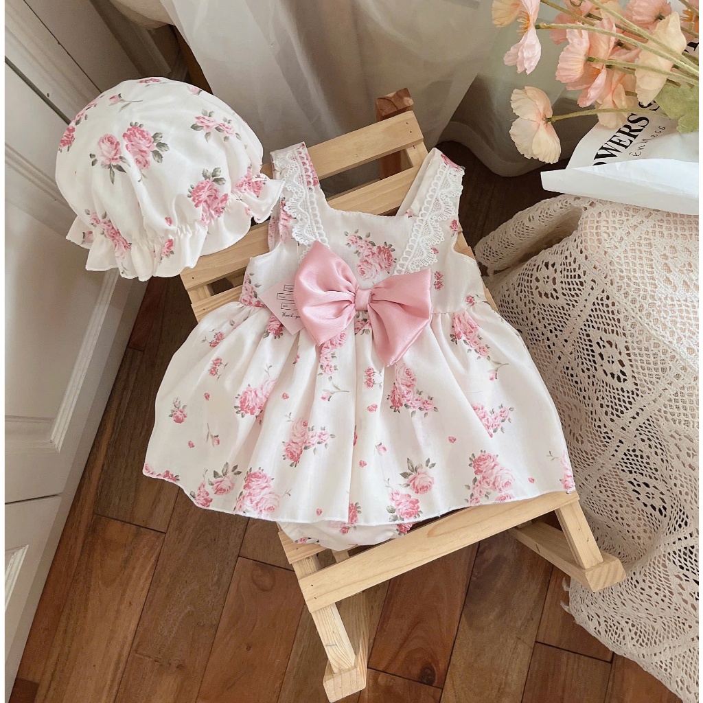 Set Body Váy Phối Ren Đính Nơ Màu Hồng Bodysuit Cho Bé Gái Sơ Sinh 1 2 Tuổi MINTSCLOSET - BV7193