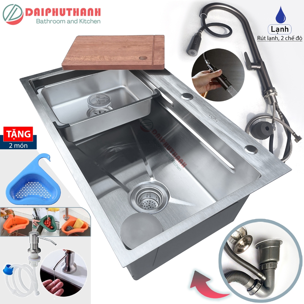 COMBO Chậu Rửa Bát Inox 1 Hộc Kèm Vòi Chậu Dài 75cm Rộng 46cm - Chậu đủ xi phông, 2 lựa chọn vòi, TẶNG 4 món phụ kiện