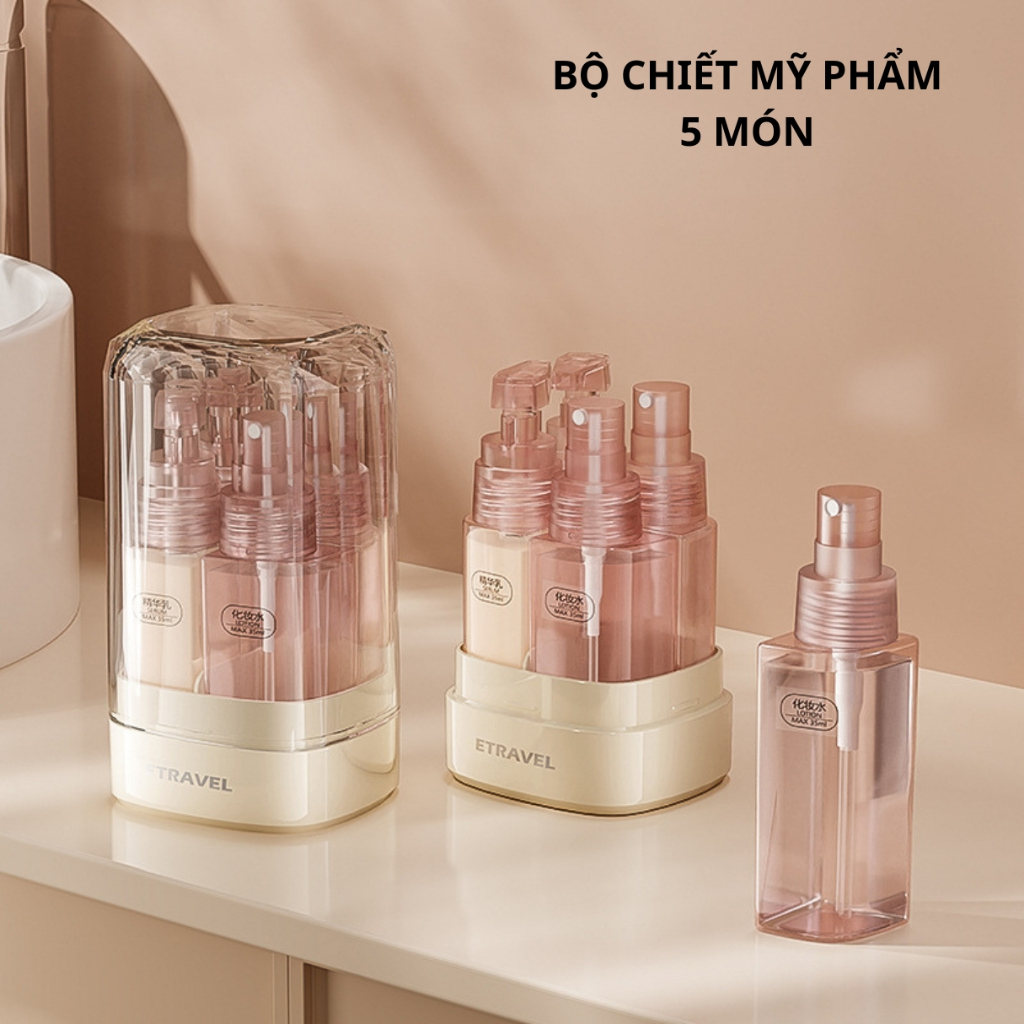 Hộp chiết mỹ phẩm Etravel 35ml 5 chi tiết, Chai chiết mỹ phẩm du lịch cao cấp 5 trong 1