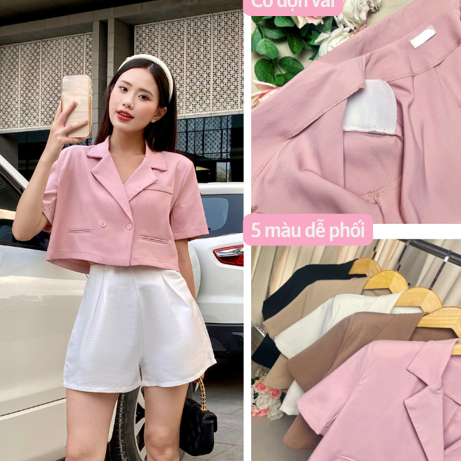 Áo khoác vest blazer croptop tay ngắn lỡ có độn vai dáng ngắn lửng chất 1 lớp mềm mát màu đen be nâu