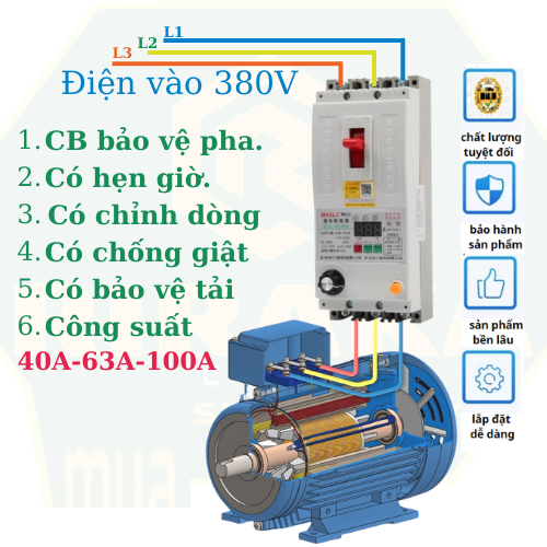 CB Bảo Vệ Mất Pha, Chống Giật BAILI 40A/63A/100A. Át Bảo Vệ Quá Tải Mô Tơ 3 Pha 380V