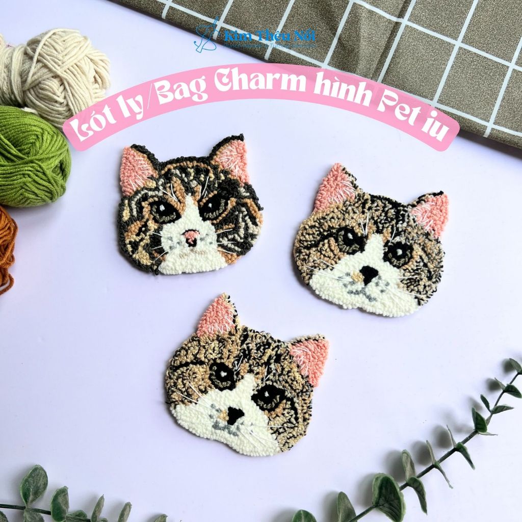 Lót ly, Bag charm hình pet thêu len nổi, thêu xù, punch needle theo yêu cầu punch needle