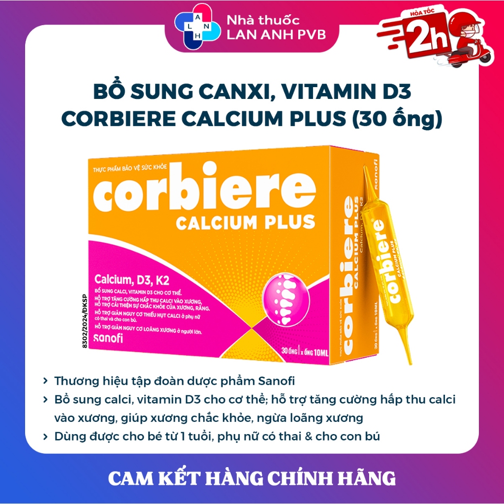 CORBIERE CALCIUM PLUS - Canxi ống giúp bổ sung canxi hữu cơ, vitamin D3, vitamin K2 cho thể.