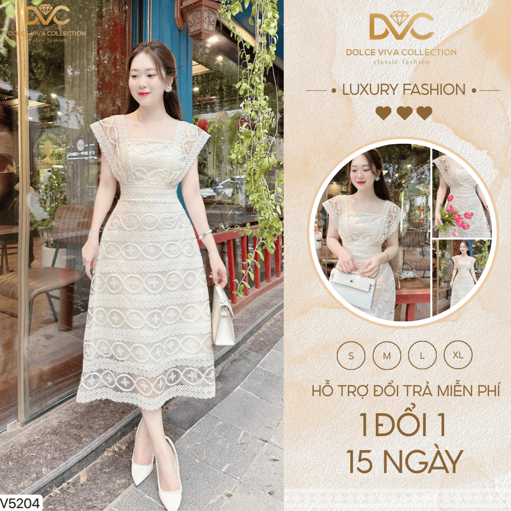 Váy Ren Xòe Dáng Dài Đi Chơi Thiết Kế Cao Cấp, Chất Ren Sang Trọng V5204 - DVC Chính Hãng