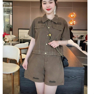 Set Jean B12 ( Áo + Quần ) -Áo Cổ Đức Khuy Bấm Quần Sooc Form Vừa Thêu Chữ Min Xinh - Dành Cho Nữ, 3 Màu Đen Khói & Xanh