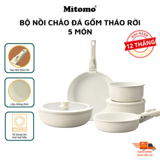  Bộ nồi chảo đá gốm Mitomo chống dính cao cấp 5 món có tay cầm tháo rời dùng cho mọi loại bếp - Hàng chính hãng 