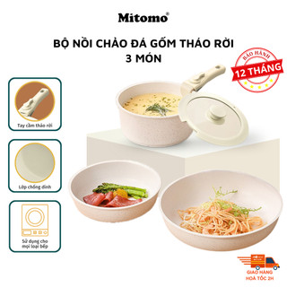  Bộ nồi chảo đá gốm Mitomo cao cấp có tay cầm tháo rời thiết kế tinh gọn nâng tầm căn bếp hiện đại - Hàng chính hãng 
