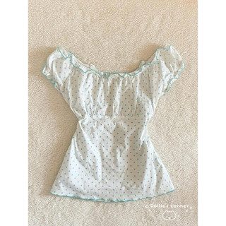  🍃🫧 Vintage mint - Y2k ruffle babydoll milkmaid top áo nữ cổ tròn hoạ tiết chấm bi tay ngắn màu bạc hà coquette mùa hè 🧼⨳ 