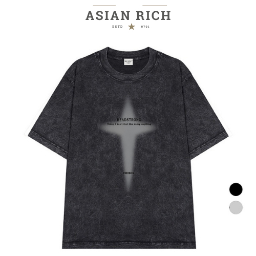 Áo Thun Wash Asian Rich Premium Tee Chữ Thập hào Quang Xám Đen Halo Cross Grey Headstrong Mid